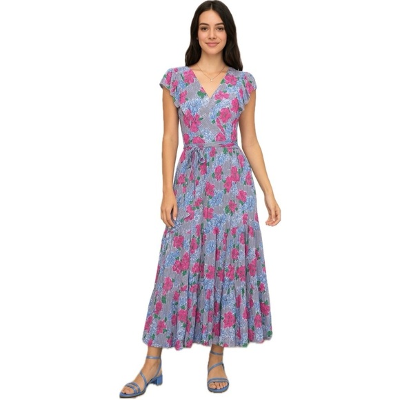 crown & ivy Dresses & Skirts - crown & ivy Dress Women's Hello Spring Flutter Sleeve Floral Midi Pink Blue 2 XS
